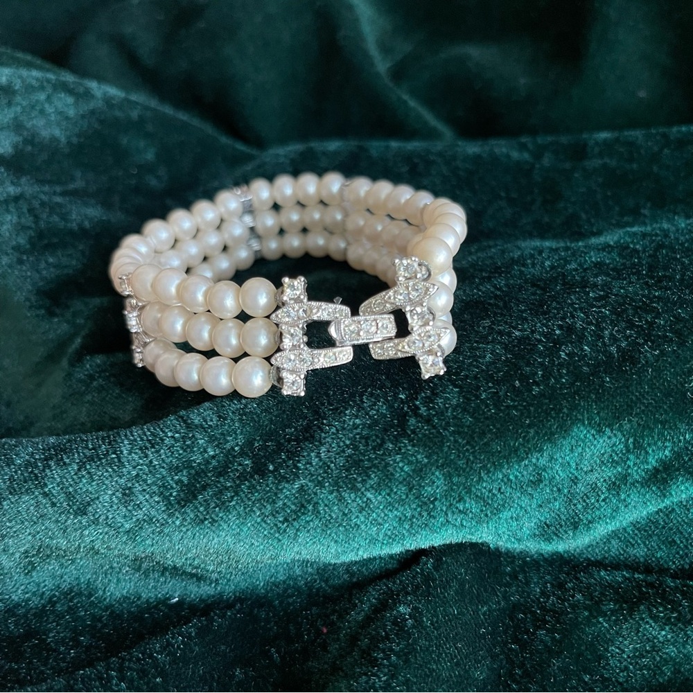 Vintage Triple-Strand Pearl & Crystal Bridal Cuff